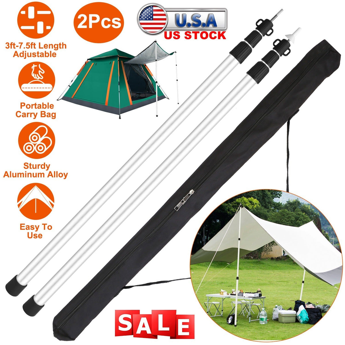 Telescoping Aluminum Tarp Poles (2-Pack) – Adjustable 3–7.5 ft