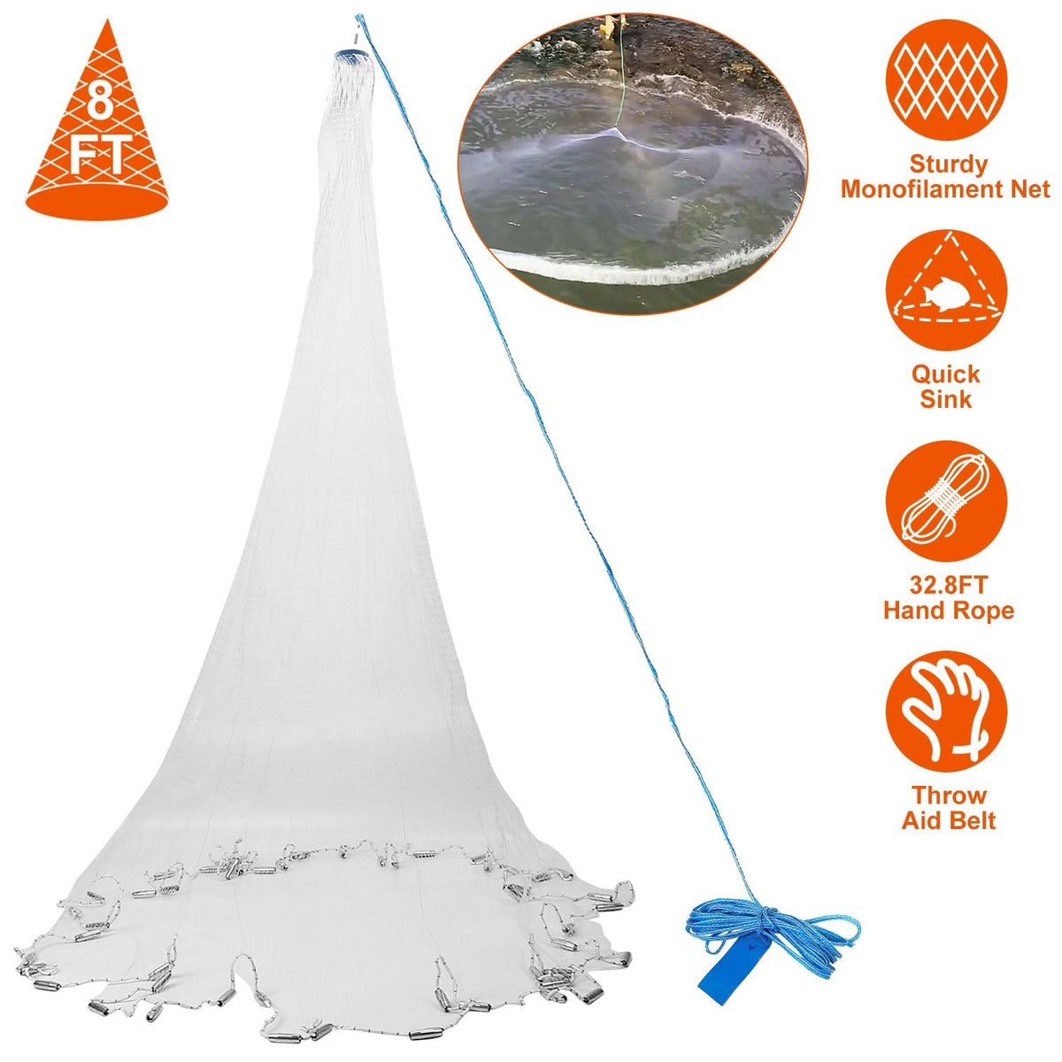 8 ft Bait Cast Net with Weighted Chain