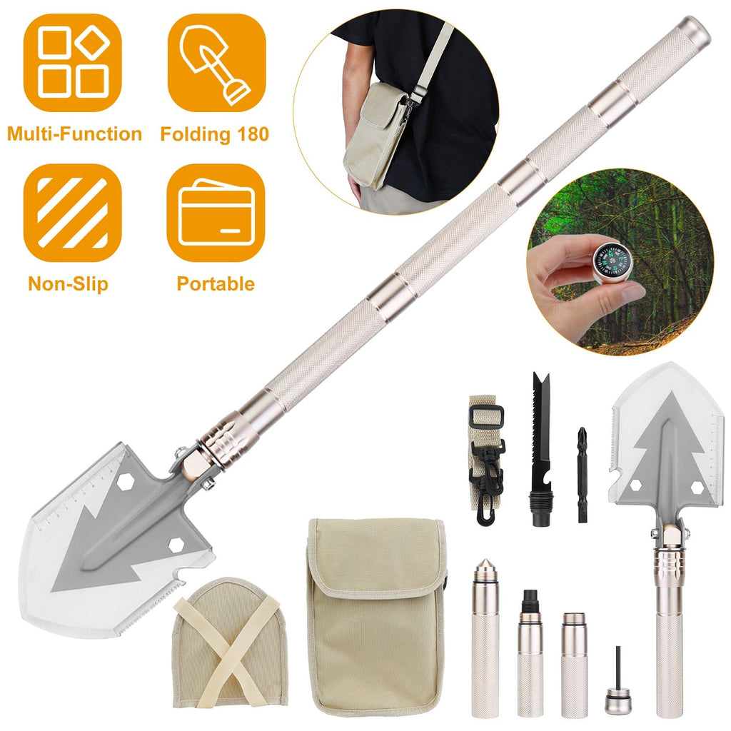 Military Folding Survival Shovel – 10-in-1 Multi-Tool with Fire Starter