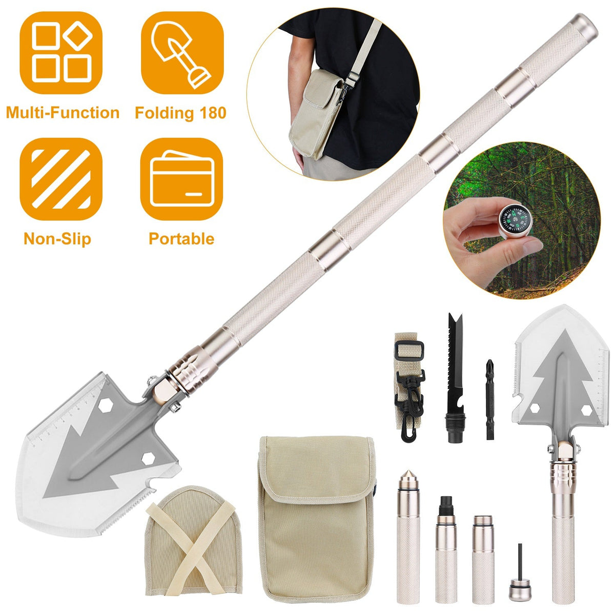 Military Folding Survival Shovel – 10-in-1 Multi-Tool with Fire Starter
