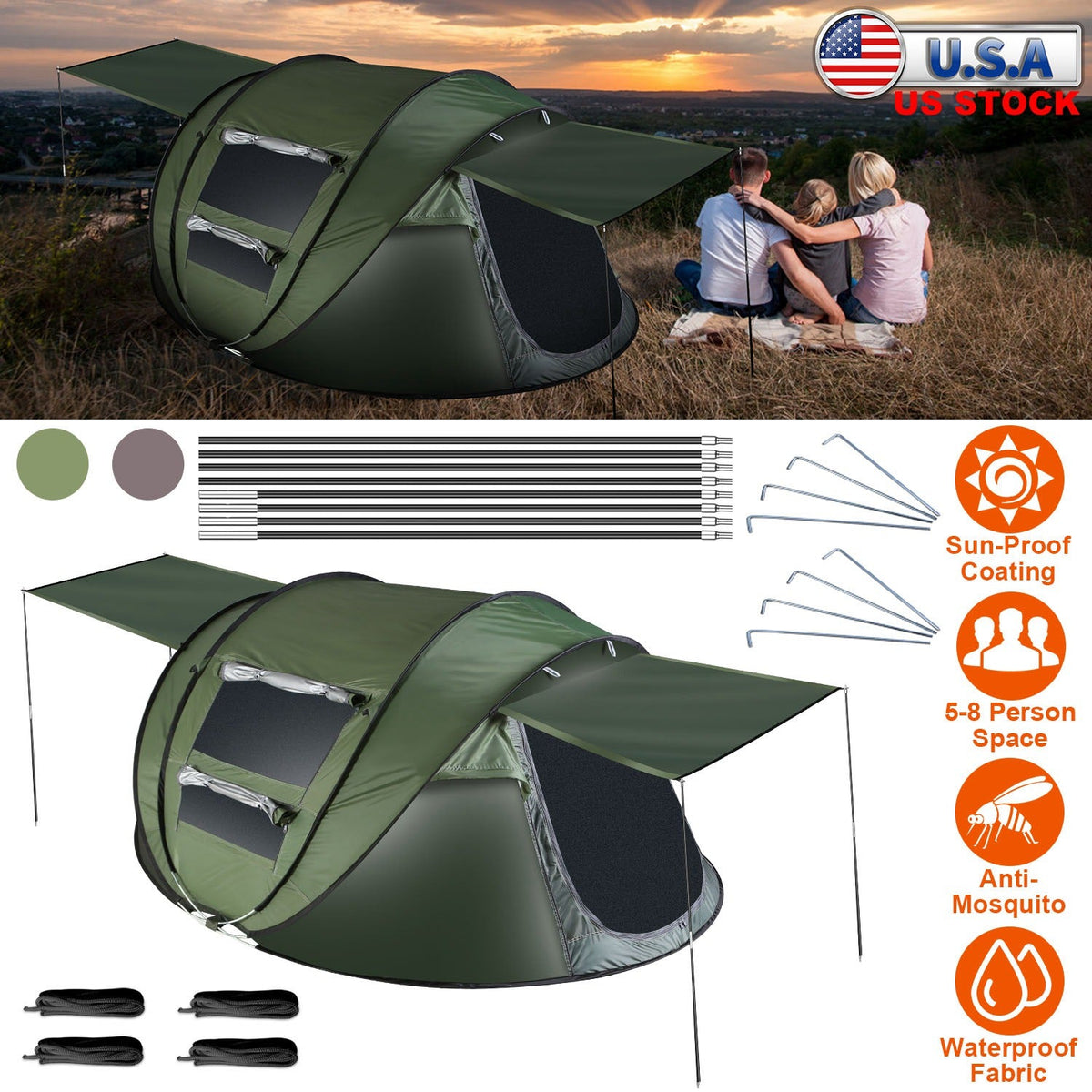Instant Pop-Up Camping Tent – 3–4 or 5–8 Person, Waterproof