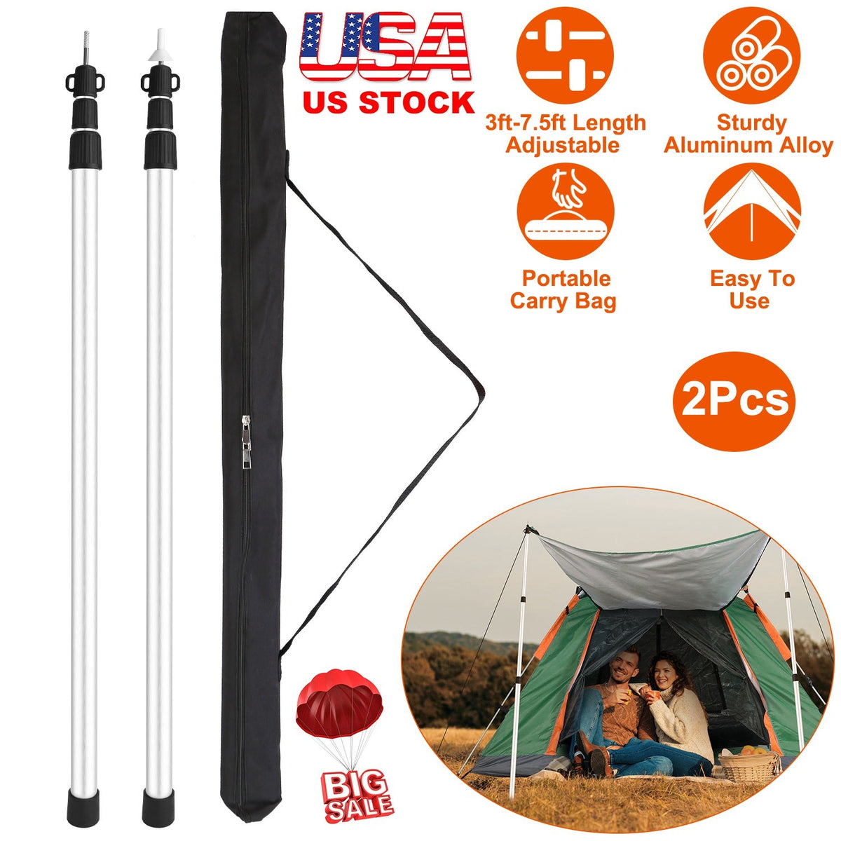 Telescoping Aluminum Tarp Poles (2-Pack) – Adjustable 3–7.5 ft