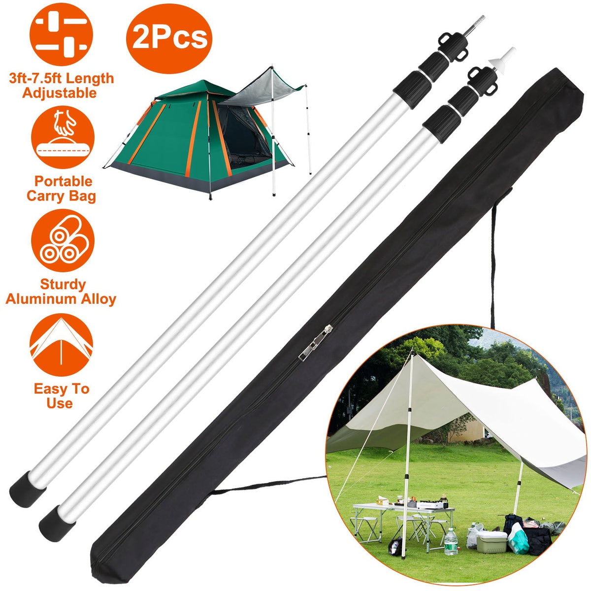 Telescoping Aluminum Tarp Poles (2-Pack) – Adjustable 3–7.5 ft