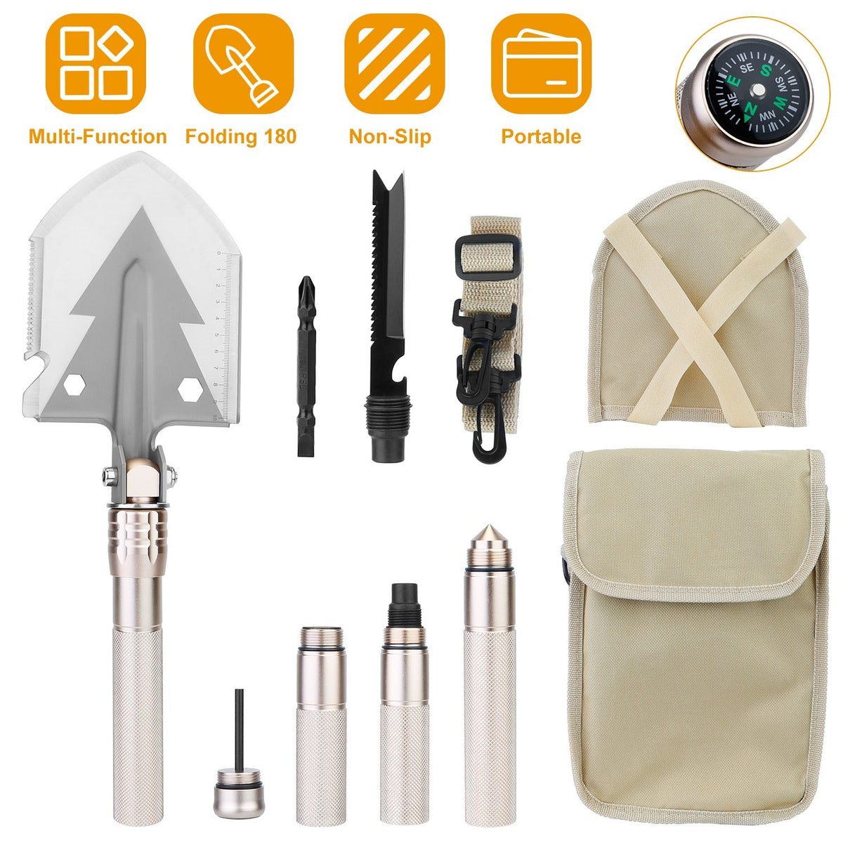 Military Folding Survival Shovel – 10-in-1 Multi-Tool with Fire Starter