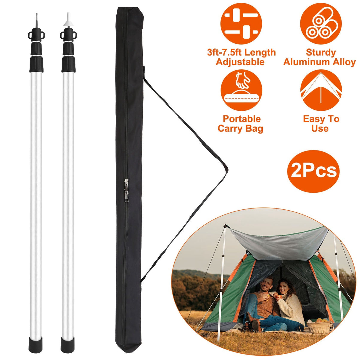 Telescoping Aluminum Tarp Poles (2-Pack) – Adjustable 3–7.5 ft