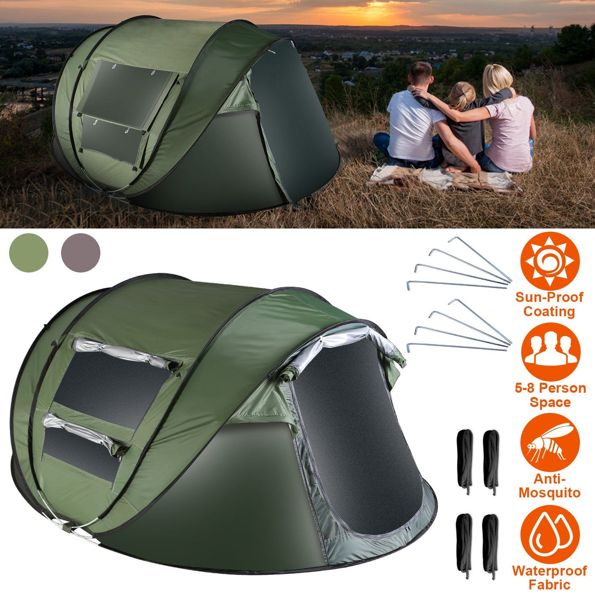 Instant Pop-Up Camping Tent – 3–4 or 5–8 Person, Waterproof