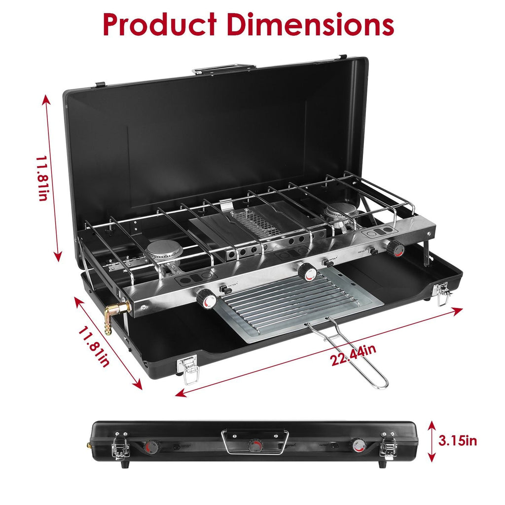 3-Burner Portable Propane Camp Stove – 20,500 BTU with Grill & Toast Tray