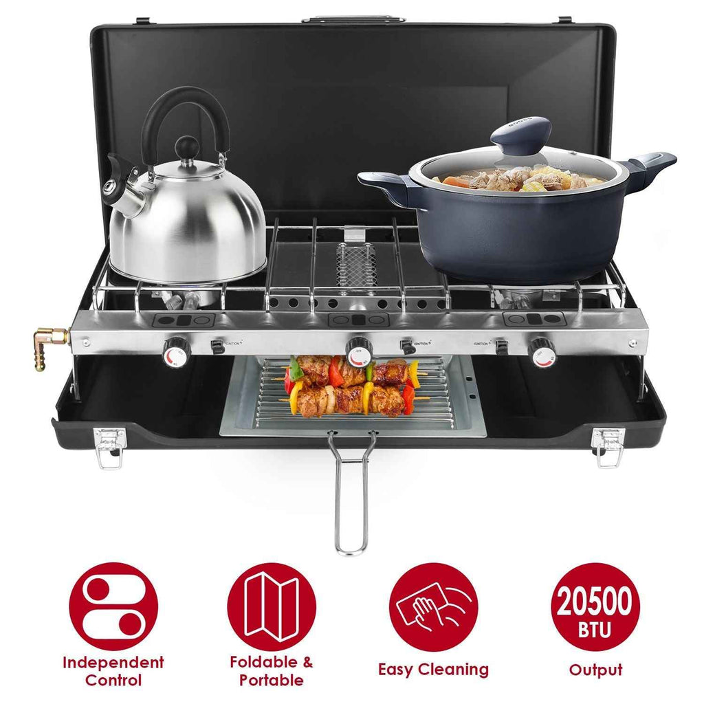3-Burner Portable Propane Camp Stove – 20,500 BTU with Grill & Toast Tray