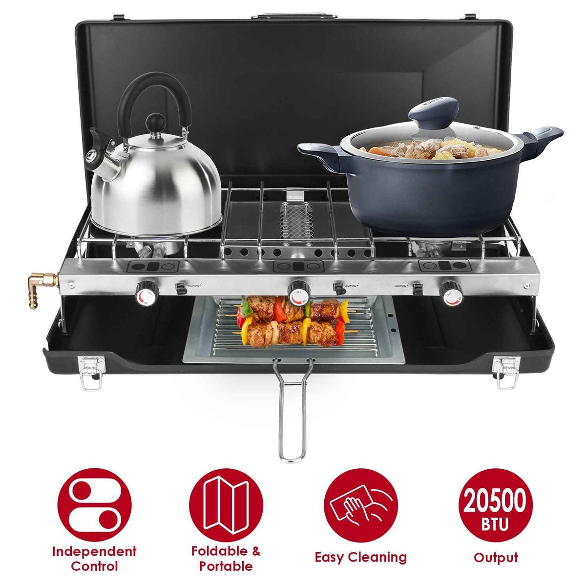3-Burner Portable Propane Camp Stove – 20,500 BTU with Grill & Toast Tray