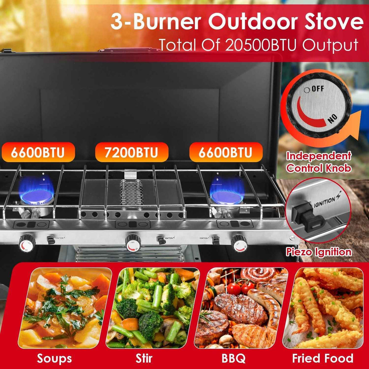 3-Burner Portable Propane Camp Stove – 20,500 BTU with Grill & Toast Tray