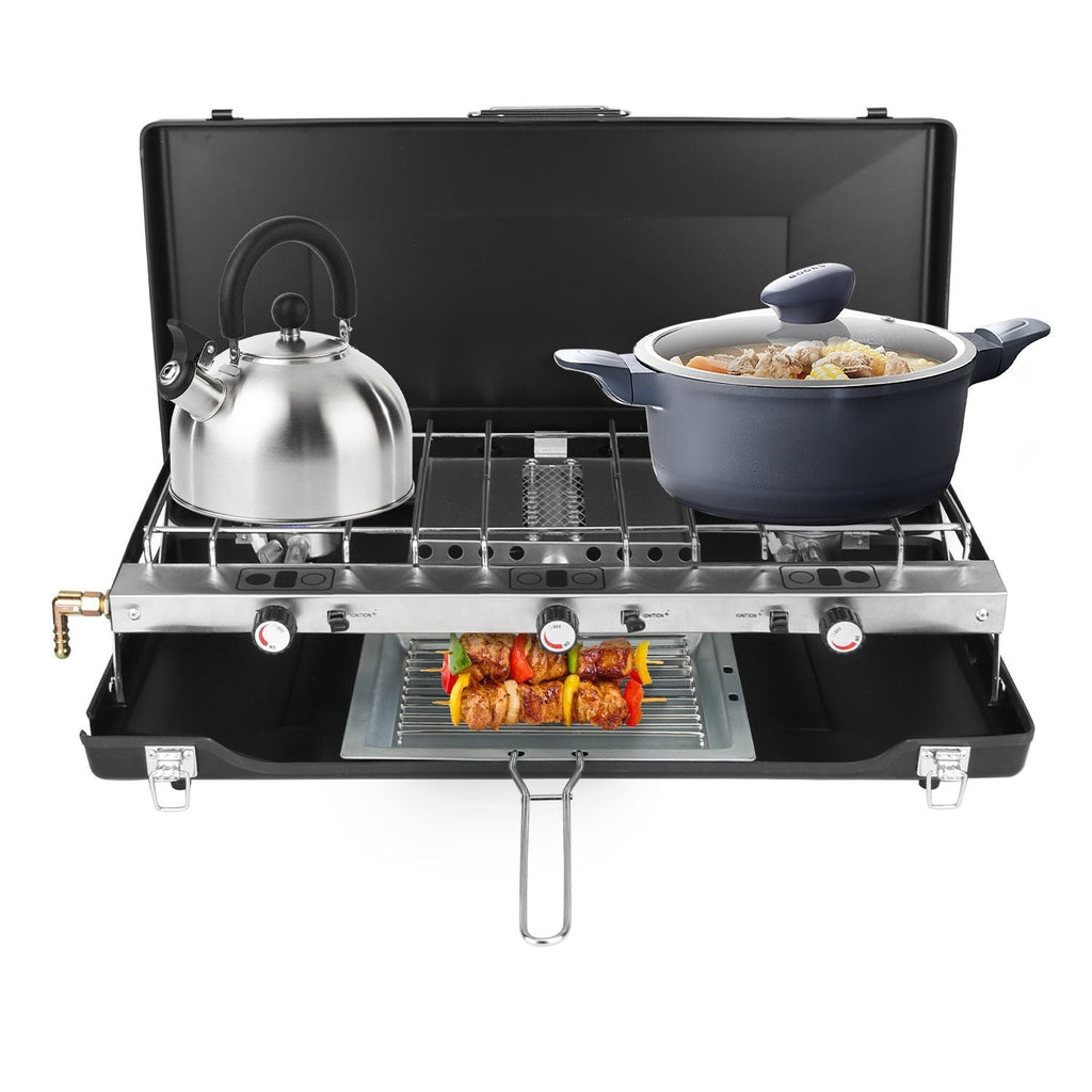 3-Burner Portable Propane Camp Stove – 20,500 BTU with Grill & Toast Tray