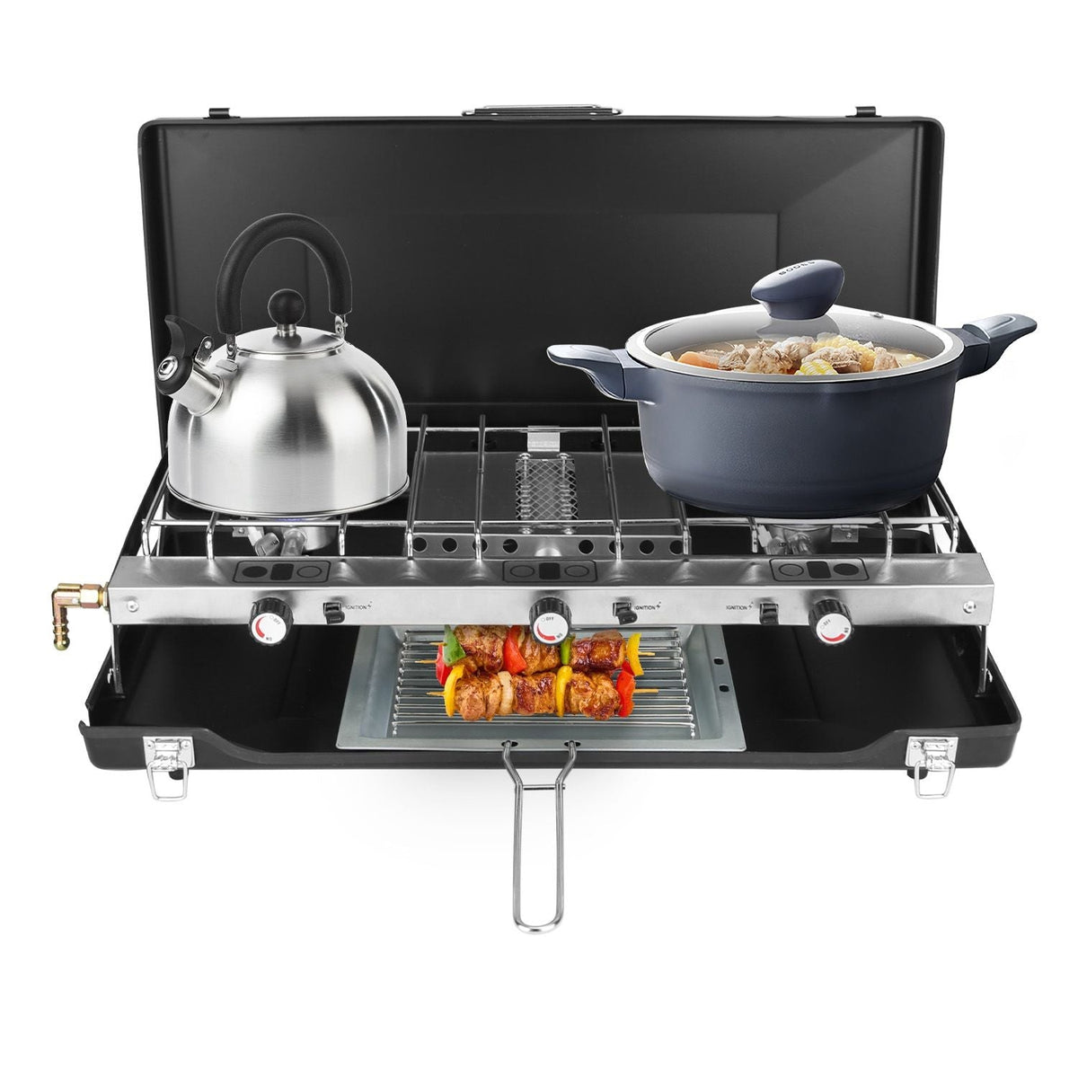 3-Burner Portable Propane Camp Stove – 20,500 BTU with Grill & Toast Tray