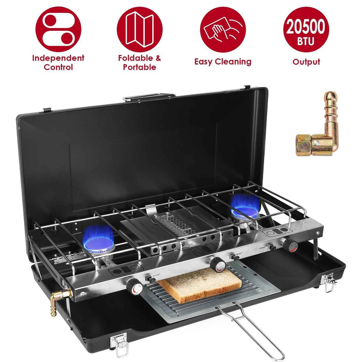 3-Burner Portable Propane Camp Stove – 20,500 BTU with Grill & Toast Tray