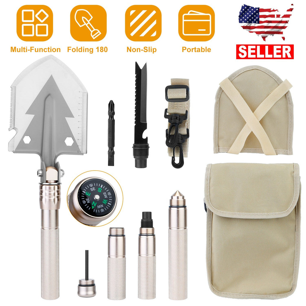 Military Folding Survival Shovel – 10-in-1 Multi-Tool with Fire Starter