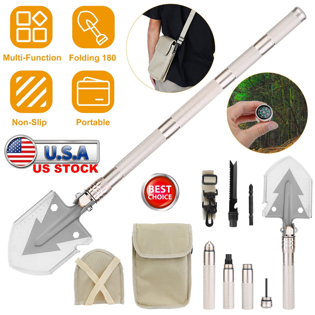Military Folding Survival Shovel – 10-in-1 Multi-Tool with Fire Starter