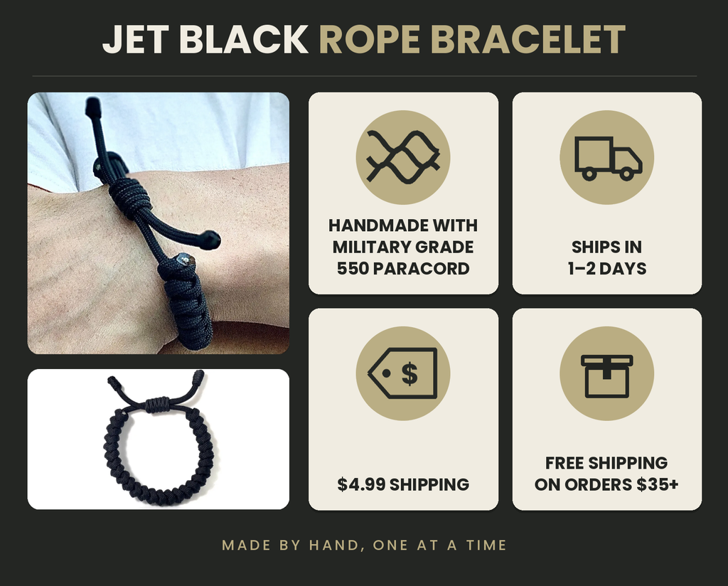 Jet Black 550 Paracord Bracelet – Handwoven in the USA