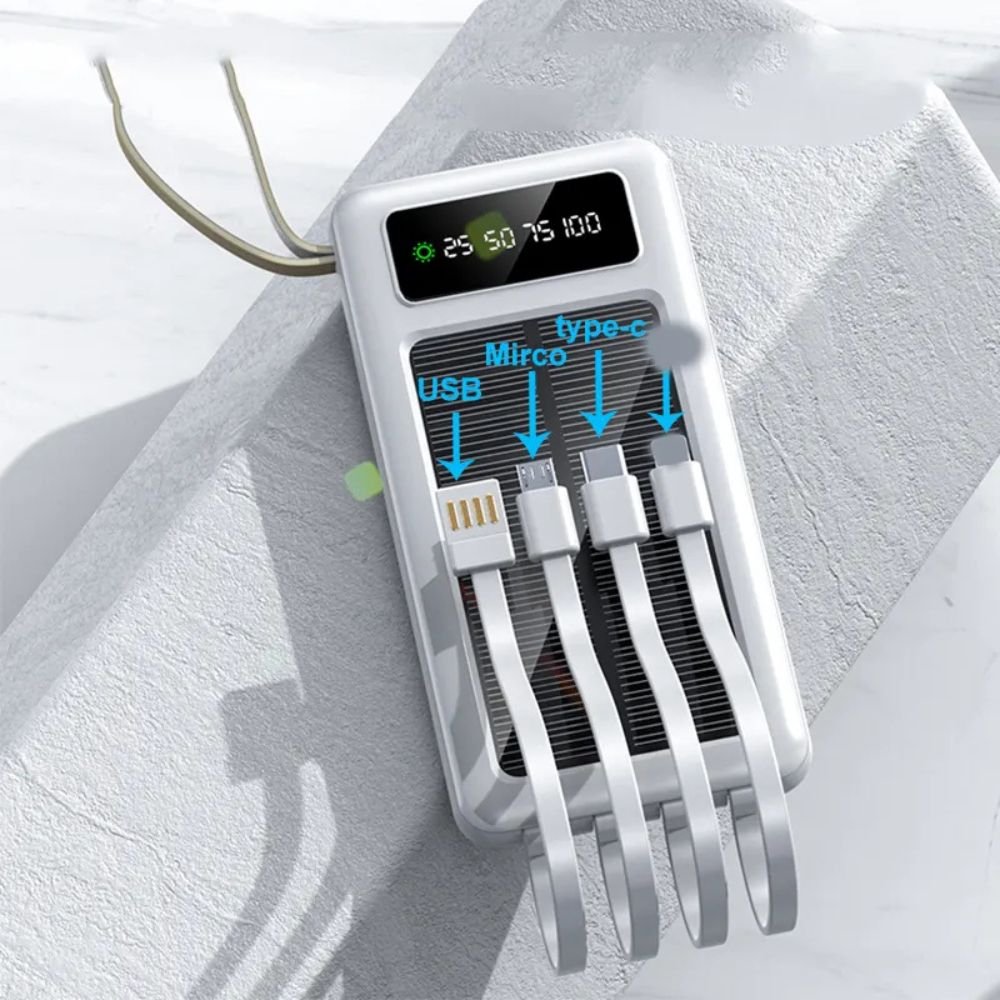 Solar Power Bank with Built-In Charging Cables