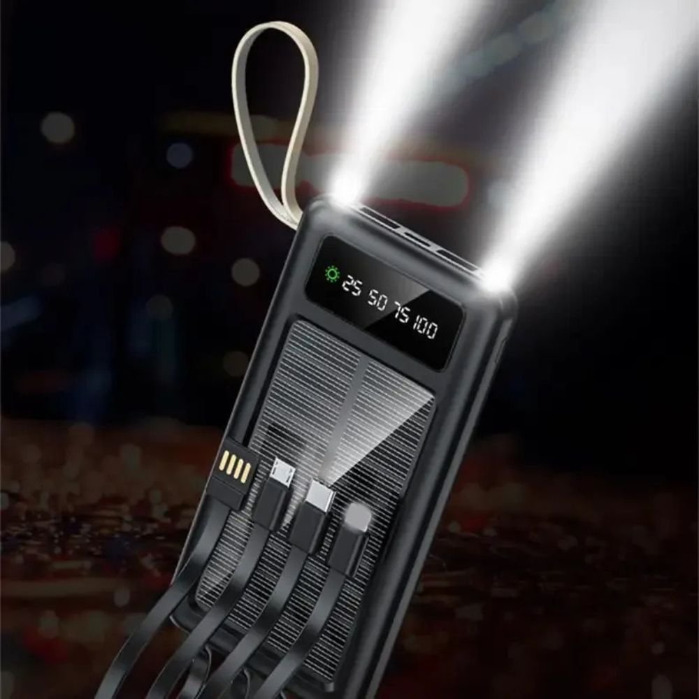 Solar Power Bank with Built-In Charging Cables